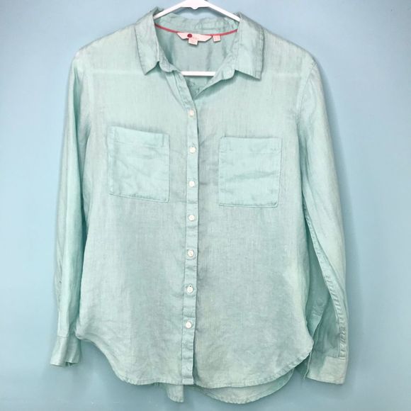 Boden Tops - Boden Linen Teal Button Up Long Sleeve 4 Petite
